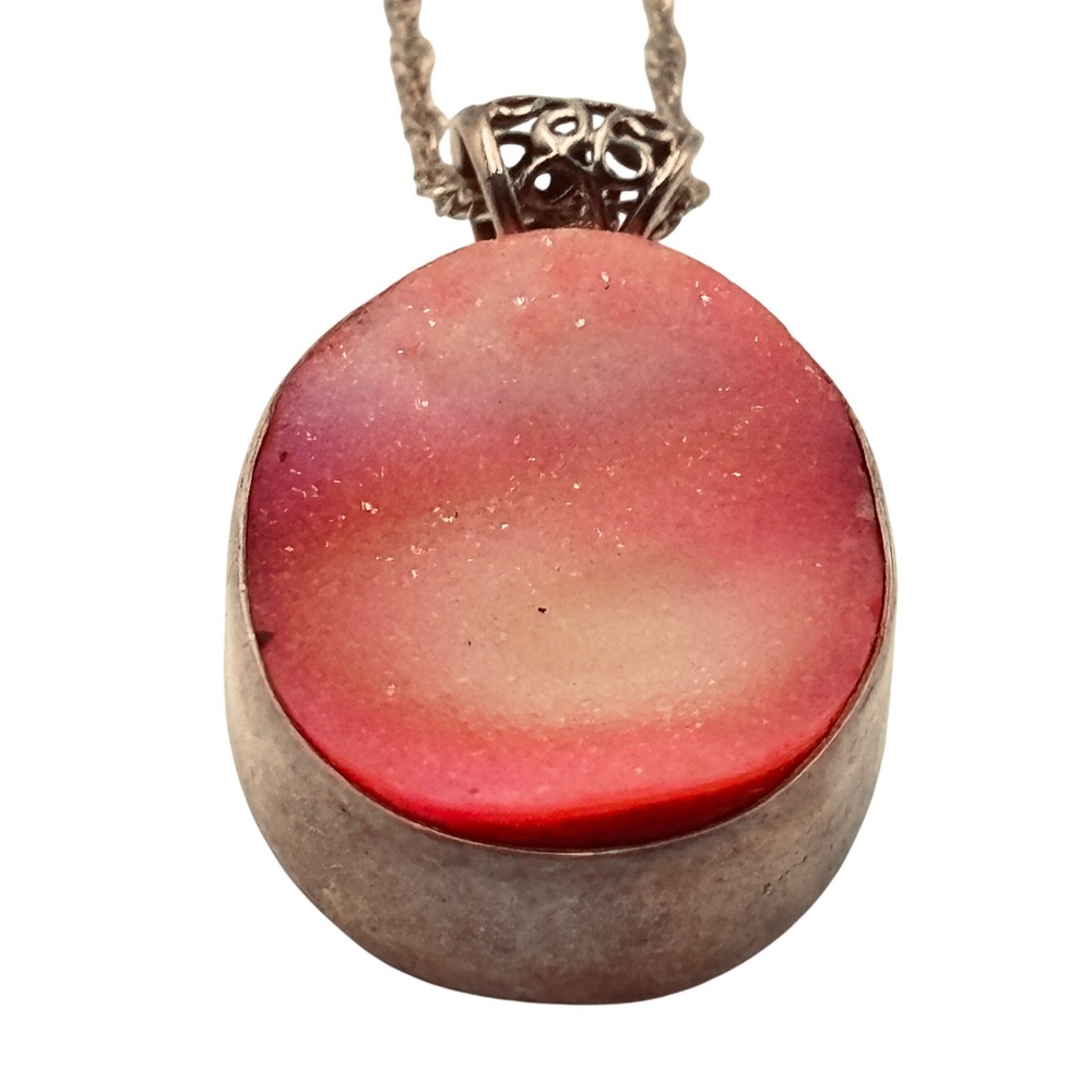 Sterling Silver 925 Pink Red Banded Agate Oval Pendant Necklace Italy Chain 18in